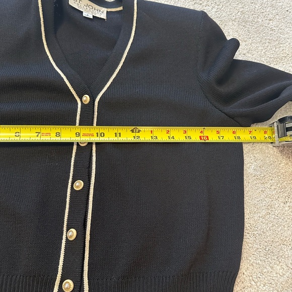 St. John Collection Black Cardigan with White Trim Gold Pearl Button - Picture 12 of 13
